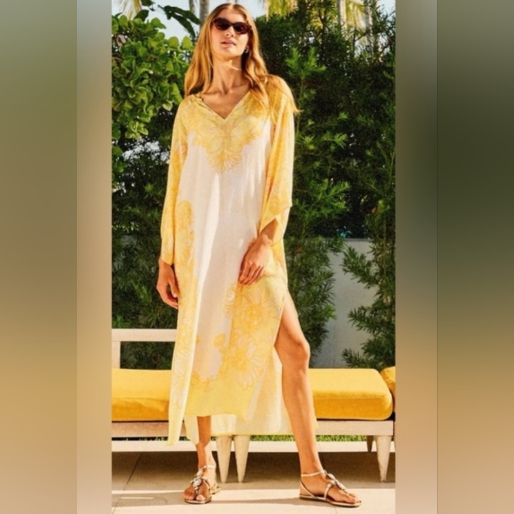 Lilly Pulitzer XL NWT Tialah Maxi Caftan Cover-Up Golden Glow Juicy Story 23"Ptp
